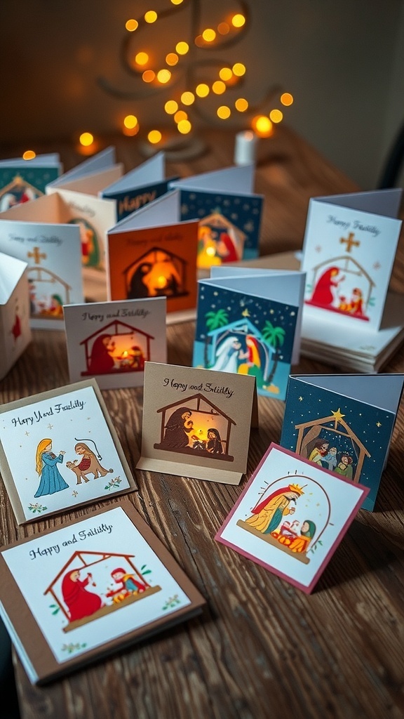 Handmade nativity Christmas cards with colorful designs on a wooden table, decorated with holiday lights.